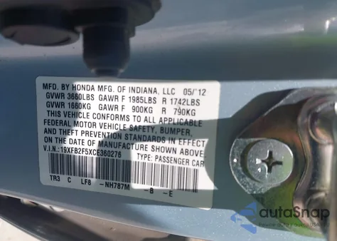 2012 Honda Civic Lx z USA, uszkodzony, nr VIN 19XFB2F5XCE360276